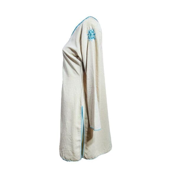 NEW MASHAL Pakistan Cream Linen Tunic Dress Short Turquoise 3/4 Sleeve Womens M - Picture 3 of 9